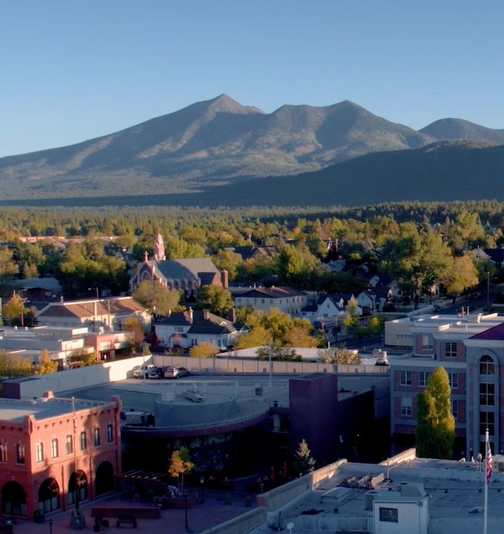 Flagstaff Downtown and San Francisco Peaks - aerial